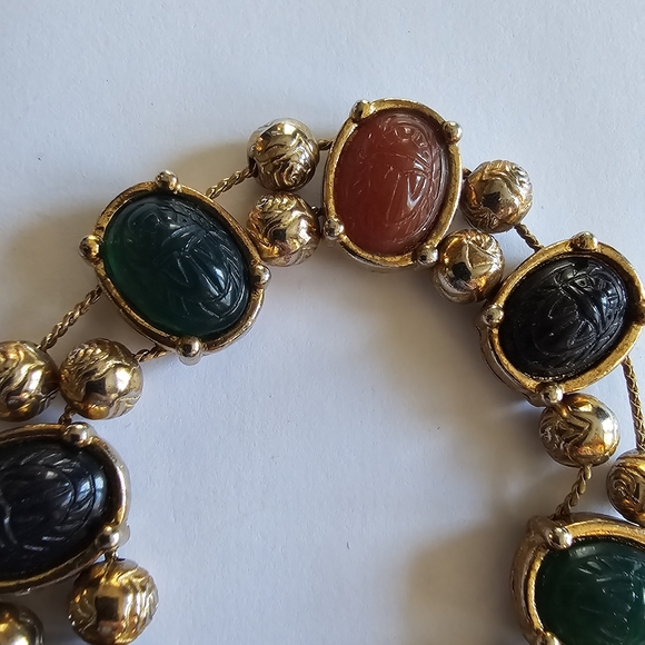 Vintage Scarab Bracelet Egyptian Revival Slide Charms gold tone Victorian - Picture 8 of 13